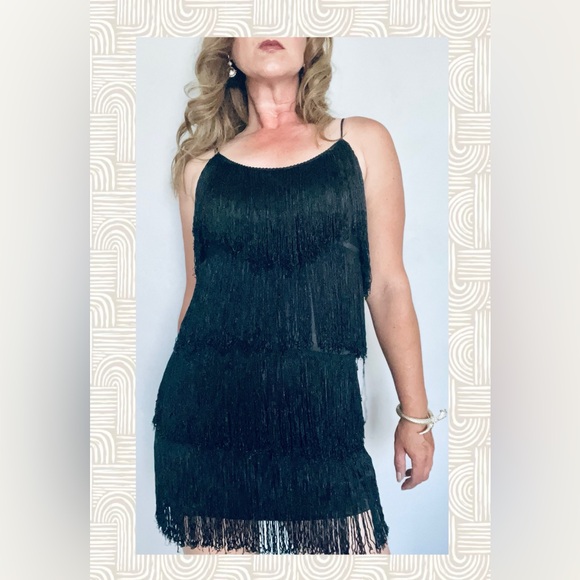 Vintage 90s does 20s Cheryl Kaye Gatsby Black Fringe Flapper Mini Dress Sz S - Picture 1 of 11
